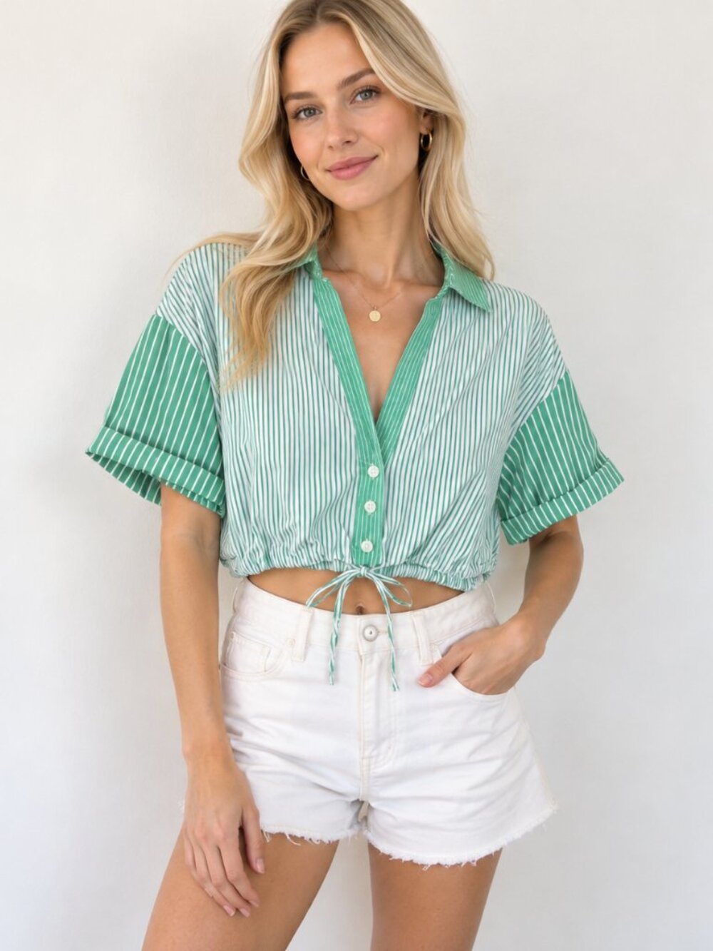 Zara Green White Striped Cropped Button Down Shirt Drawstring Hem V-neck Top S